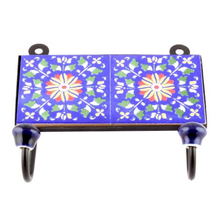 Navy Blue And Yellow Ceramic Floral Tiles Hooks